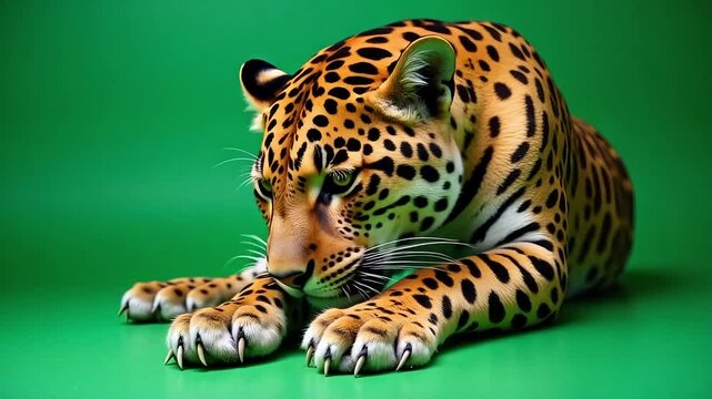 Majestic jaguar poised in intense focus, its vibrant spotted coat and piercing green eyes conveying raw power and wild beauty, ready to strike.
