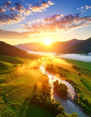 Sunrise over valley with river