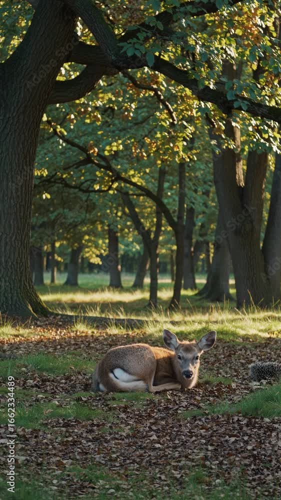 Poster a serene video scene of a deer resting on forest ground, captured from a low angle. sunlight filters