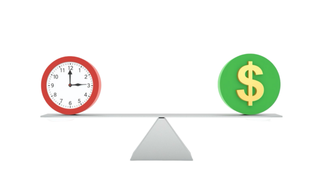 3D Illustration Time Is Money Balance Concept with Clock and Dollar Sign
