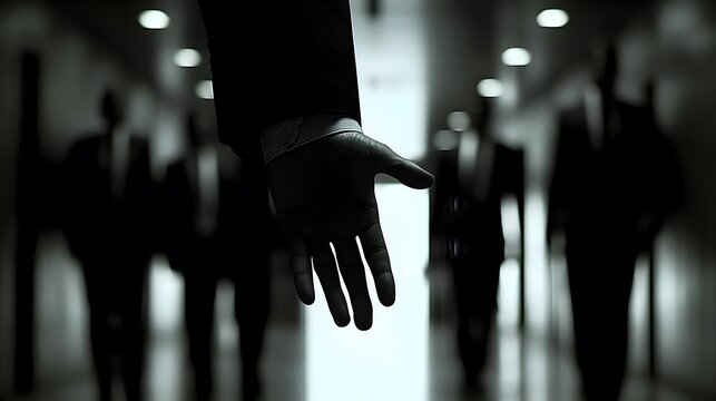 Silhouette of Hand Reaching Out, Businessmen Walking Away in Corridor