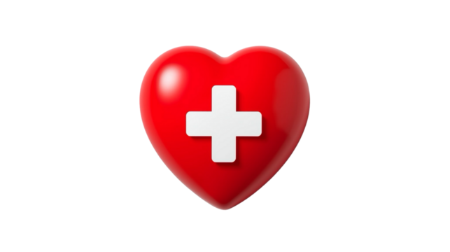 Glossy 3D Rendering Red Heart with White Cross Symbol Isolated