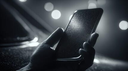 Obraz premium Hand holding phone in dark, moody setting with bokeh lights