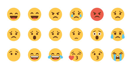 Fototapeta premium Collection of various yellow circular emoji icons displaying different emotional expressions and feelings on transparent background