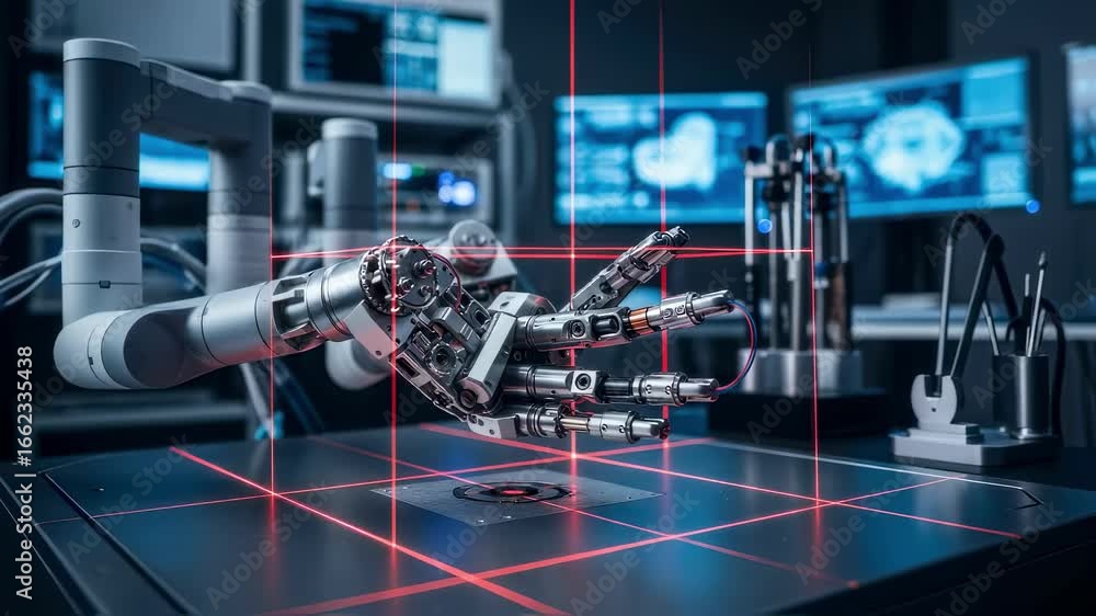 Poster Robotic surgical instrument mechanics positioned within a laserguided calibration station for extremely precise articulation testing.