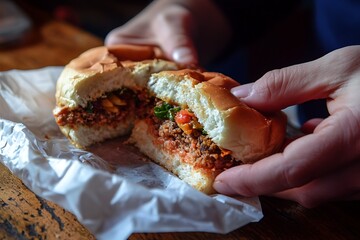 Close up of delicious sloppy joe sandwich being held by someone