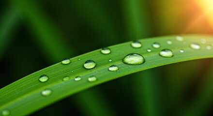 A single blade of grass holds glistening morning dewdrops, each droplet a tiny world reflecting the soft, golden light of the new day's sun.