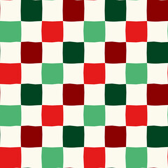 Hand-drawn Checkerboard Pattern in Green and Red for Festive Design
