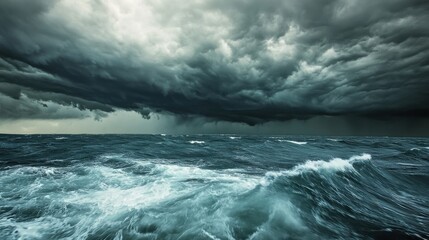 Obraz premium Turbulent ocean waves beneath a threatening storm cloud.
