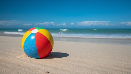 Brightly colored beach ball resting upon smooth sandy shore featuring gentle ocean waves and clear blue sky within the background, captured in natural daylight atmosphere