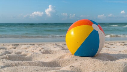 Obraz premium A colorful beach ball sits upon soft sandy shore featuring gentle ocean waves within the background under the bright blue sky, captured in natural daylight with a relaxed summer mood