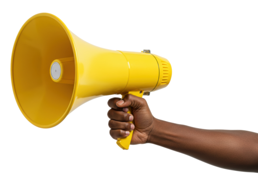 Amplifying voices advocacy event using a megaphone in an urban setting highlighting social issues. Cut out PNG