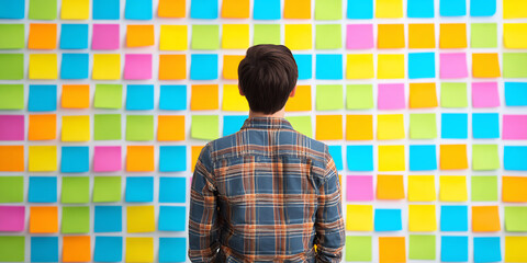 young man organizing sticky notes on wall