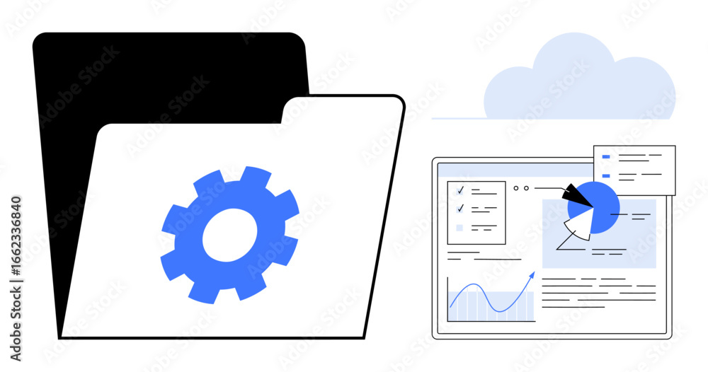 Poster open folder with gear icon beside screen displaying charts, graphs, and documents. ideal for data ma