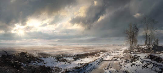 Winter landscape scenic view of snow covered ground and cloudy sky nature photography travel destination