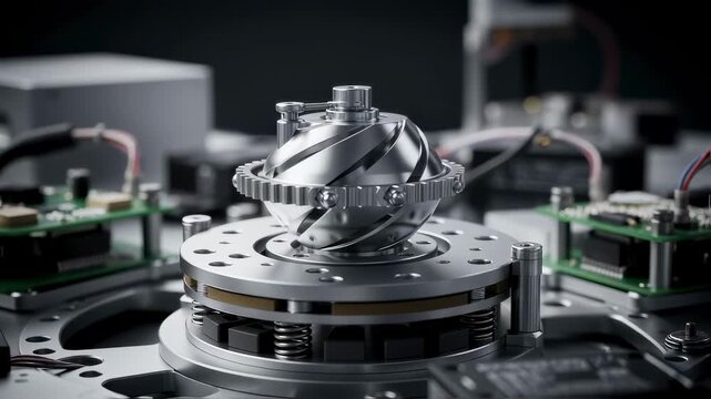 Macro shot of a finely machined gyroscope rotor positioned on a vibrational isolation platform within an inertial navigation assembly environment.