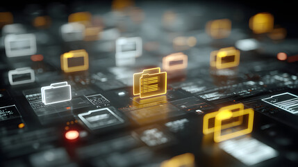 Visual representation of a holographic digital interface featuring folder icons and floating document symbols on a dark background, highlighting data visualization