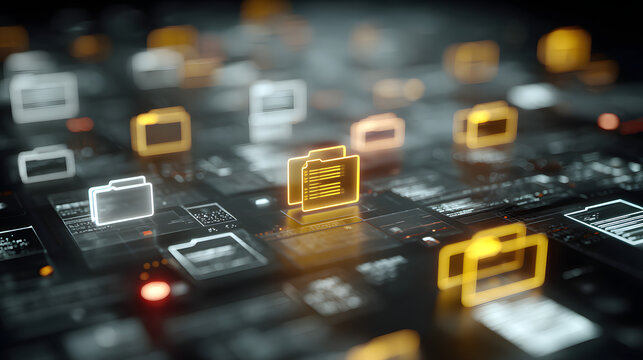 Visual representation of a holographic digital interface featuring folder icons and floating document symbols on a dark background, highlighting data visualization