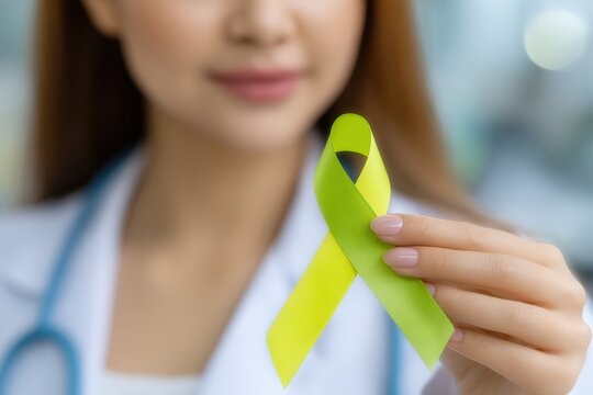 Doctor showing lime green and yellow ribbon, representing support for people with cerebral palsy and raising awareness about this condition