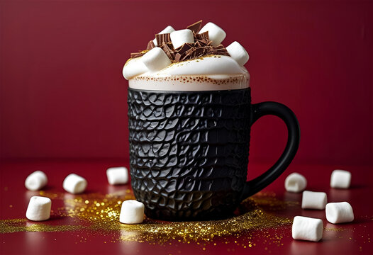 Red background with black, textured mug, shows marshmallows and chocolate. Use for food blogs, recipe posts, or social media food photography.