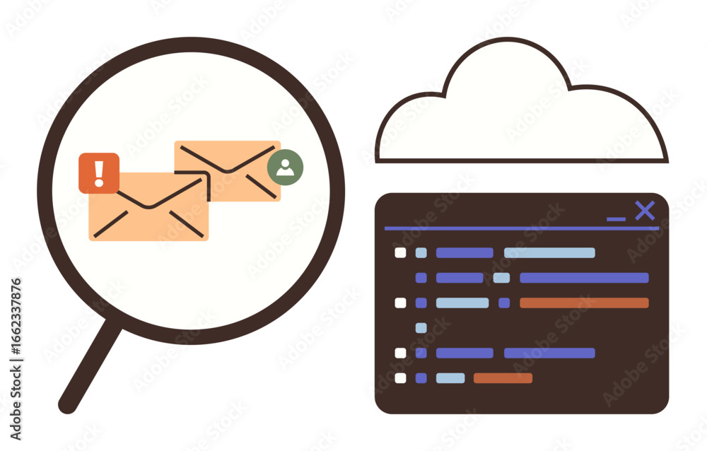 Poster magnifying glass spotlighting emails with alerts, cloud icon above a code interface. ideal for cyber