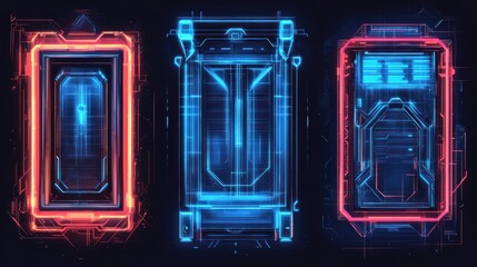 Three futuristic neon interfaces with glowing digital displays.