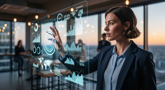 Businesswoman interacting with a futuristic holographic interface displaying financial data, charts, and graphs, symbolizing data analytics, business strategy, and technological innovation in a modern