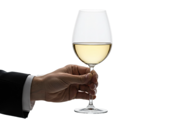 Elegant wine tasting event fine dining restaurant glass of white wine upscale environment savoring flavor. Cut out PNG