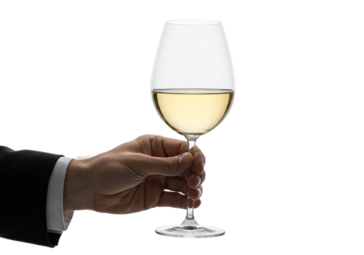Elegant wine tasting event fine dining restaurant glass of white wine upscale environment savoring flavor. Cut out PNG