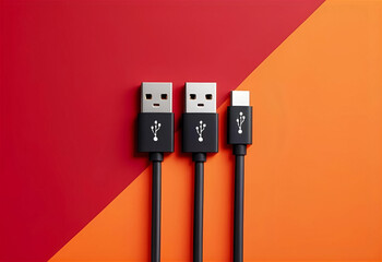 Red, orange product shot features USB cables. Minimalist, it is perfect for product staging, branding, and social media.
