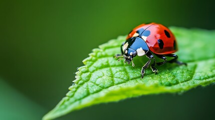 Fototapeta premium Vibrant red ladybug insect resting on a fresh green leaf.