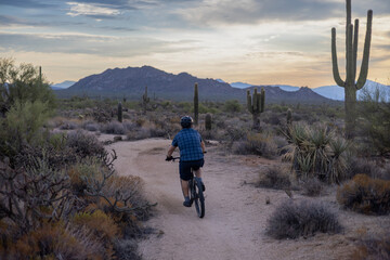 Man Riding Mountain Bike On Desert Trail In North Scottsdale AZ