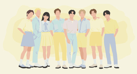 Group of friends posing together studio digital illustration colorful background eye-level view youthful vibe. Vector illustration