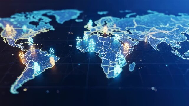 A stylized digital world map illuminated with glowing icons representing live births occurring in real time across different countries symbolizing global childbirth trends and the