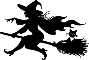Witch Silhouette Flying with Broom and Black Cat
