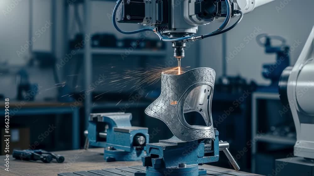 Aufkleber workshop environment showing robotic milling of metal prosthetic socket frames with detailed geometr