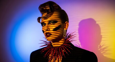 Striking Portrait of a Person with Bold Makeup and Shadow.