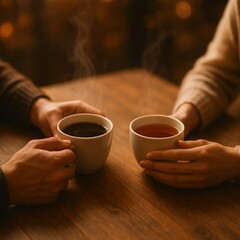 Hands Holding Coffee and Tea Cups on Wooden Table
