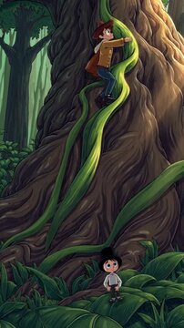 A child gazes up at a giant beanstalk in a lush forest. Low-angle view captures the magical, storybook style, ideal for a fantasy video theme. Live mobile wallpaper.