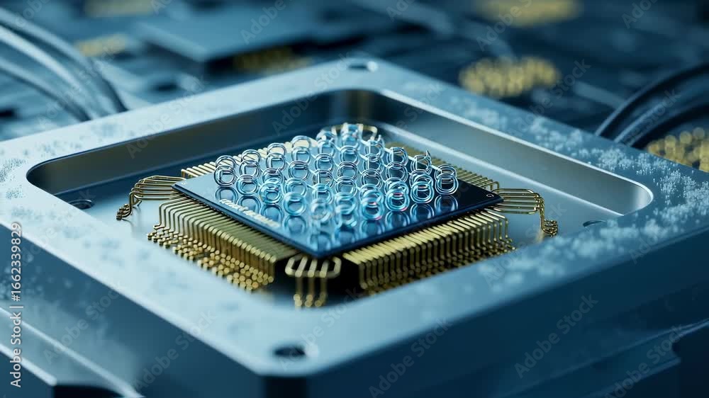 Poster macro shot of a quantum computers qubit chip embedded in a specialized cryogenic package highlightin