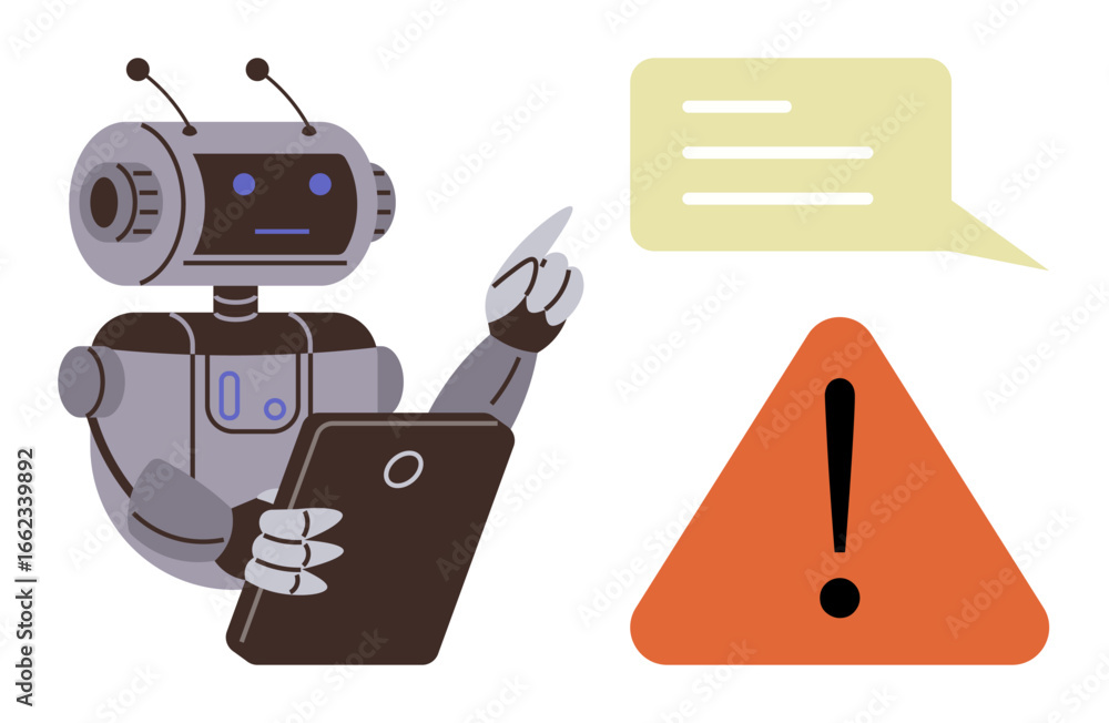 Poster robot holding tablet pointing at warning symbol beside message bubble. ideal for ai alert, tech risk