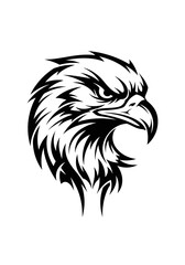 Fototapeta premium A powerful black and white graphic illustration of a fierce eagle's head in a stylized, tribal design.