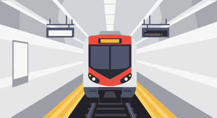Naklejka premium Train arriving at underground station urban transport digital illustration futuristic environment eye-level view motion concept. Vector illustration