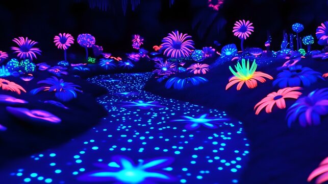 Neon Glowing Flowers Path Fantasy Night Scene