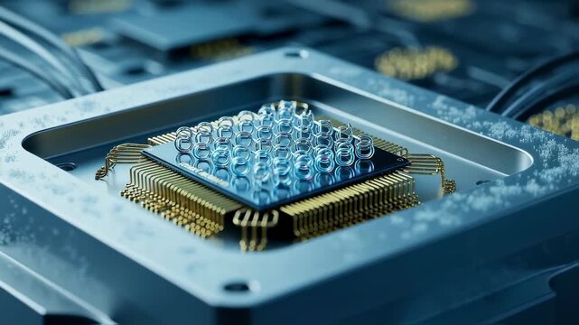 Macro shot of a quantum computers qubit chip embedded in a specialized cryogenic package highlighting intricate microconnections and circuit details.