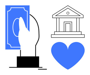 Hand holding money near a blue heart and bank building symbolizing donation, charity, financial support, banking, philanthropy, savings, and generosity. Ideal for charity campaigns, nonprofit