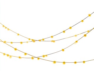 Festive yellow string lights curve on white, party background