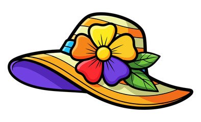Cartoon Style Beach Hat With Colorful Flower, Isolated