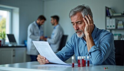 Elderly man with worried mood reading medical test results in laboratory office background with doctors working