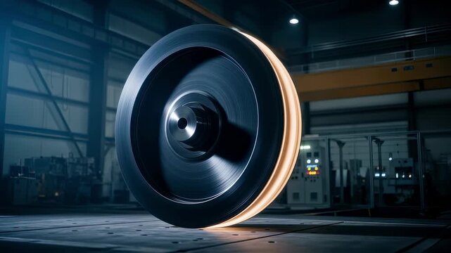 Rotating flywheel energy storage rotor captured with motion blur inside a spacious industrial test hall environment.